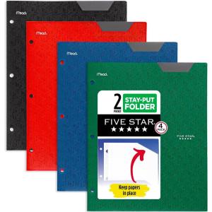 imageFive Star 2Pocket Folder 4 Pack Plastic Folder with StayPut Tabs Fits 3Ring Binder Holds 812quot x 11quot Paper Tidewater Blue White Amethyst Purple Harvest Yellow 38065Black  Red  Green  Blue