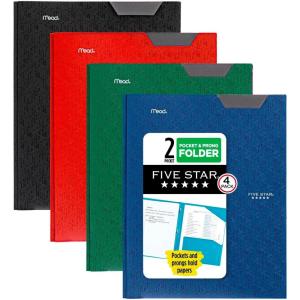 imageFive Star 2Pocket Folder 4 Pack Plastic Folder with StayPut Tabs and Prong Fasteners Holds 812quot x 11quot Paper Black Fire Red Forest Green Pacific Blue 38048Black  Red  Green  Blue