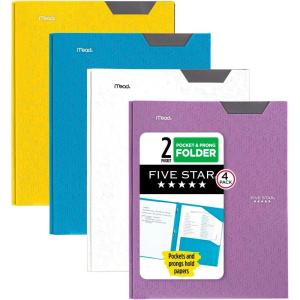 imageFive Star 2Pocket Folder 4 Pack Plastic Folder with StayPut Tabs and Prong Fasteners Holds 812quot x 11quot Paper Black Fire Red Forest Green Pacific Blue 38048Trend