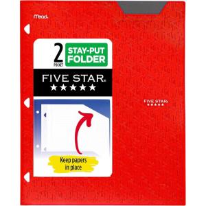 imageFive Star 2Pocket Folder Plastic Folder with StayPut Tabs Fits 3Ring Binder Holds 812quot x 11quot Paper White 333420IECMFire Red