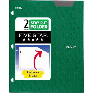 imageFive Star 2Pocket Folder Plastic Folder with StayPut Tabs Fits 3Ring Binder Holds 812quot x 11quot Paper White 333420IECMForest Green