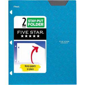 imageFive Star 2Pocket Folder Plastic Folder with StayPut Tabs Fits 3Ring Binder Holds 812quot x 11quot Paper White 333420IECMTidewater Blue