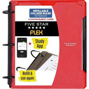 imageFive Star Flex Refillable Notebook  Study App College Ruled Paper and 1 Inch TechLock Ring Binder with Customizable Cover Pockets Tabs and Dividers 200 Sheet Capacity Amethyst Purple 293260AB6Fire Red