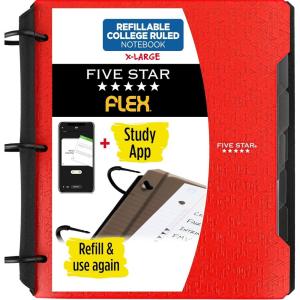 imageFive Star Flex Refillable Notebook  Study App College Ruled Paper and 112 Inch TechLock Ring Binder with Pockets Tabs and Dividers 300 Sheet Capacity White 29324AE2Fire Red