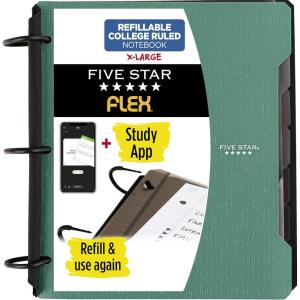 imageFive Star Flex Refillable Notebook  Study App College Ruled Paper and 112 Inch TechLock Ring Binder with Pockets Tabs and Dividers 300 Sheet Capacity White 29324AE2Seaglass Green