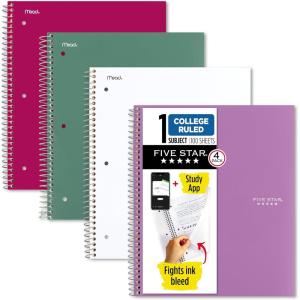 imageFive Star Spiral Notebook  Study App 4 Pack 1 Subject College Ruled Paper 812quot x 11quot 100 Sheets Fights Ink Bleed Water Resistant Cover Amethyst Purple Raspberry Pink White and Seaglass Green 820337ECMCollege Ruled