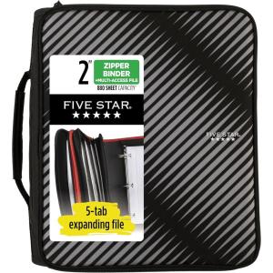 imageFive Star Zipper Binder 2 Inch 3Ring Binder with Round Rings 5Tab Expanding File 380 Sheet Capacity Black 72536Black