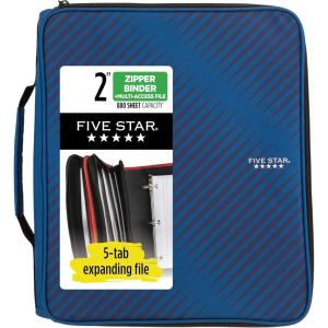imageFive Star Zipper Binder 2 Inch 3Ring Binder with Round Rings 5Tab Expanding File 380 Sheet Capacity Black 72536Blue