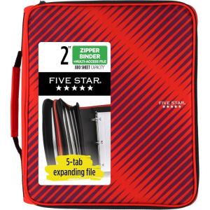 imageFive Star Zipper Binder 2 Inch 3Ring Binder with Round Rings 5Tab Expanding File 380 Sheet Capacity Black 72536Red