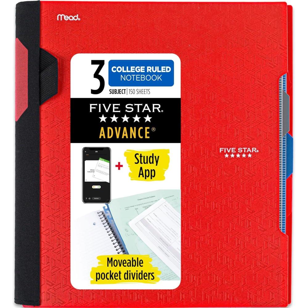 imageFive Star Advance Spiral Notebook  Study App 3 Subject College Ruled Paper 812quot x 11quot 150 Sheets Spiral Guard Movable Tabbed Dividers Pacific Blue 73138Fire Red