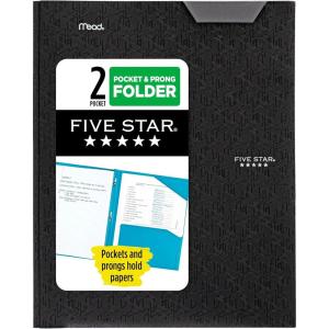 imageFive Star 2Pocket Folder Plastic Folder with StayPut Tabs and Prong Fasteners Holds 812quot x 11quot Paper White 72494Black