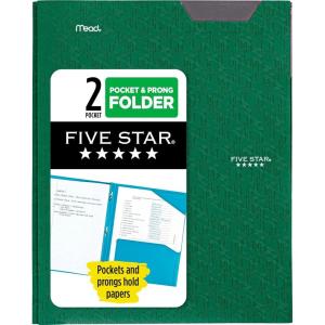 imageFive Star 2Pocket Folder Plastic Folder with StayPut Tabs and Prong Fasteners Holds 812quot x 11quot Paper White 72494Green
