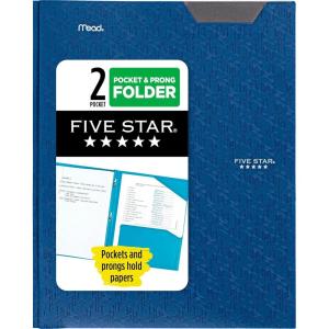 imageFive Star 2Pocket Folder Plastic Folder with StayPut Tabs and Prong Fasteners Holds 812quot x 11quot Paper White 72494Pacific Blue