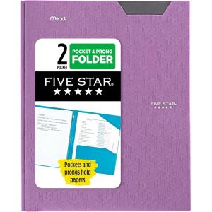imageFive Star 2Pocket Folder Plastic Folder with StayPut Tabs and Prong Fasteners Holds 812quot x 11quot Paper White 72494Purple