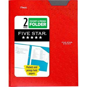 imageFive Star 2Pocket Folder Plastic Folder with StayPut Tabs and Prong Fasteners Holds 812quot x 11quot Paper White 72494Red