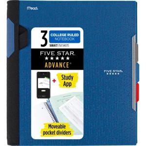 imageFive Star Advance Spiral Notebook  Study App 3 Subject College Ruled Paper 812quot x 11quot 150 Sheets Spiral Guard Movable Tabbed Dividers Pacific Blue 73138Pacific Blue