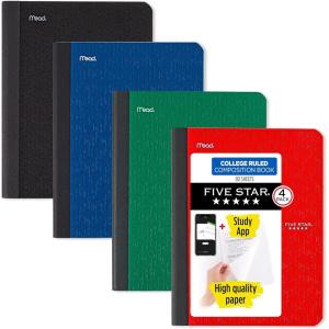 imageFive Star Composition Book  Study App 4 Pack Wide Ruled Paper 712quot x 934quot 80 Sheets Forest Green Tidewater Blue Fire Red and Harvest Yellow 950033BECMCollege Ruled