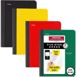 imageFive Star Composition Book  Study App 4 Pack Wide Ruled Paper 712quot x 934quot 80 Sheets Forest Green Tidewater Blue Fire Red and Harvest Yellow 950033BECMWide Ruled