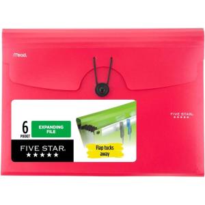 imageFive Star Expanding File Organizer 6Pocket Accordian File Organizer Bungee Closure Holds 812quot x 11quot Paper White 350100EECMFire Red