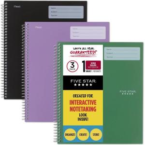 imageFive Star Interactive Notetaking Spiral Notebooks 3 Pack 1Subject Wide Ruled Paper 11quot x 812quot 100 Sheets Black Amethyst Purple Harvest Yellow 929985ECMBlack  Green  Purple