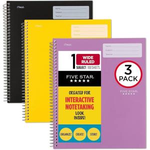 imageFive Star Interactive Notetaking Spiral Notebooks 3 Pack 1Subject Wide Ruled Paper 11quot x 812quot 100 Sheets Black Amethyst Purple Harvest Yellow 929985ECMBlack  Purple  Yellow