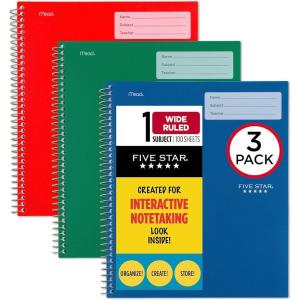 imageFive Star Interactive Notetaking Spiral Notebooks 3 Pack 1Subject Wide Ruled Paper 11quot x 812quot 100 Sheets Black Amethyst Purple Harvest Yellow 929985ECMGreen  Red  Blue