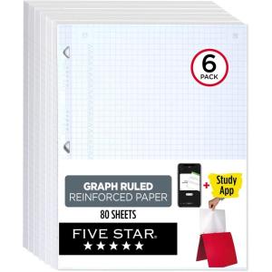 imageFive Star Loose Leaf Paper  Study App 6 Pack Notebook Paper Graph Ruled Paper 812quot x 11quot 80 Sheets per Pack Reinforced Filler Paper Fights Ink Bleed 1700286 Pack