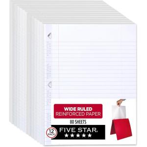 imageFive Star Loose Leaf Paper 6 Pack Notebook Paper Wide Ruled Filler Paper Reinforced Fights Ink Bleed 8 x 105 80 Sheets per Pack 15002512 Pack