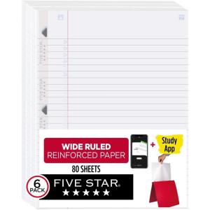 imageFive Star Loose Leaf Paper 6 Pack Notebook Paper Wide Ruled Filler Paper Reinforced Fights Ink Bleed 8 x 105 80 Sheets per Pack 1500253 Pack