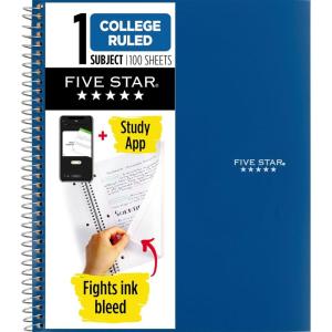 imageFive Star Spiral Notebook  Study App 1 Subject College Ruled Paper 812quot x 11quot 100 Sheets Fights Ink Bleed Water Resistant Cover Pacific Blue 72565Blue