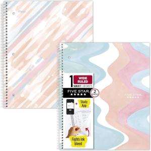 imageFive Star Spiral Notebook  Study App 1 Subject Wide Ruled 8quot x 1012quot 80 Sheets Fights Ink Bleed Water Resistant Cover Pastel Stripes 930209FECM2Pack Pastels
