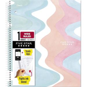imageFive Star Spiral Notebook  Study App 1 Subject Wide Ruled 8quot x 1012quot 80 Sheets Fights Ink Bleed Water Resistant Cover Pastel Stripes 930209FECMPastel Waves