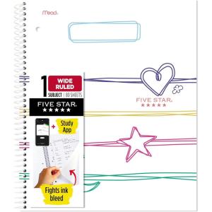 imageFive Star Spiral Notebook  Study App 1 Subject Wide Ruled 8quot x 1012quot 80 Sheets Fights Ink Bleed Water Resistant Cover Pastel Stripes 930209FECMPastel Doodles