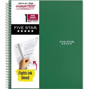 imageFive Star Spiral Notebook  Study App 1 Subject Wide Ruled Paper 8quot x 1012quot 100 Sheets Fights Ink Bleed Water Resistant Cover Amethyst Purple 72351Green