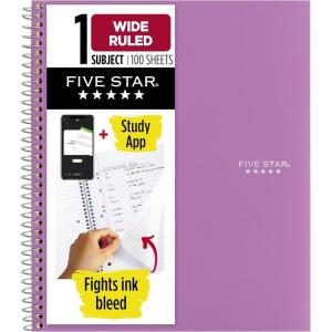imageFive Star Spiral Notebook  Study App 1 Subject Wide Ruled Paper 8quot x 1012quot 100 Sheets Fights Ink Bleed Water Resistant Cover Amethyst Purple 72351Purple