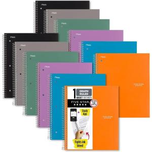 imageFive Star Spiral Notebook  Study App 12 Pack 1 Subject Graph Ruled Paper 812quot x 11quot 100 Sheets Purple Orange Green Blue Gray Black 38630