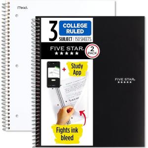 imageFive Star Spiral Notebook  Study App 2 Pack 3 Subject College Ruled Paper 812quot x 11quot 150 Sheets Fights Ink Bleed Water Resistant Cover Black Green 820191Black  White