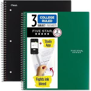 imageFive Star Spiral Notebook  Study App 2 Pack 3 Subject College Ruled Paper 812quot x 11quot 150 Sheets Fights Ink Bleed Water Resistant Cover Black Green 820191Black  Forest Green