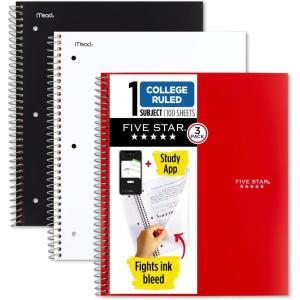 imageFive Star Spiral Notebook  Study App 3 Pack 1 Subject College Ruled Paper 100 Sheets 812quot x 11quot Forest Green Fire Red Pacific Blue 820189ECMBlack  White  Red
