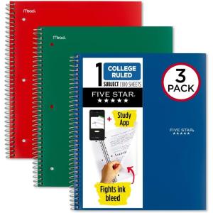 imageFive Star Spiral Notebook  Study App 3 Pack 1 Subject College Ruled Paper 100 Sheets 812quot x 11quot Forest Green Fire Red Pacific Blue 820189ECMForest Green  Fire Red  Pacific Blue