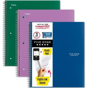 imageFive Star Spiral Notebook  Study App 3 Pack 1 Subject College Ruled Paper 100 Sheets 812quot x 11quot Forest Green Fire Red Pacific Blue 820189ECMGreen  Blue  Purple