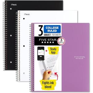 imageFive Star Spiral Notebook  Study App 3 Pack 3 Subject College Ruled Paper Fights Ink Bleed Water Resistant Cover 812quot x 11quot 150 Sheets Black White Purple 820192Black  White  Amethyst Purple