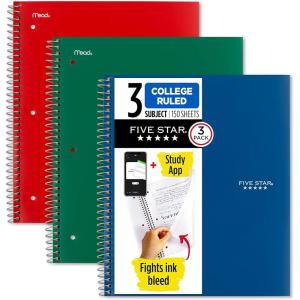 imageFive Star Spiral Notebook  Study App 3 Pack 3 Subject College Ruled Paper Fights Ink Bleed Water Resistant Cover 812quot x 11quot 150 Sheets Black White Purple 820192Forest Green  Fire Red  Pacific Blue