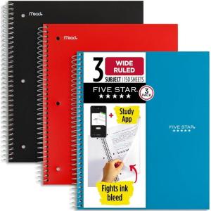imageFive Star Spiral Notebook  Study App 3 Pack 3 Subject Wide Ruled Paper 8quot x 1012quot Tidewater Blue Fire Red Black 930081Black  Red  Blue