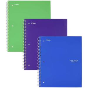 imageFive Star Spiral Notebook  Study App 3 Pack 3 Subject Wide Ruled Paper 8quot x 1012quot Tidewater Blue Fire Red Black 930081Green  Purple  Blue