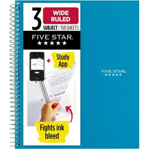 imageFive Star Spiral Notebook  Study App 3 Subject Wide Ruled Paper 8quot x 1012quot 150 Sheets Fights Ink Bleed Water Resistant Cover Tidewater Blue 73184Tidewater Blue