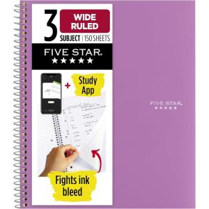 imageFive Star Spiral Notebook  Study App 3 Subject Wide Ruled Paper 8quot x 1012quot 150 Sheets Fights Ink Bleed Water Resistant Cover Tidewater Blue 73184Purple