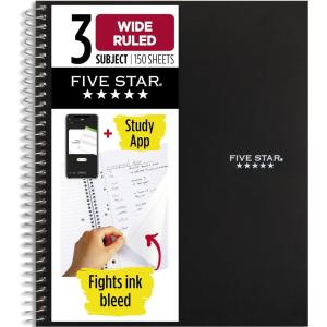 imageFive Star Spiral Notebook  Study App 3 Subject Wide Ruled Paper 8quot x 1012quot 150 Sheets Fights Ink Bleed Water Resistant Cover Tidewater Blue 73184Black