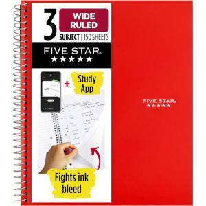 imageFive Star Spiral Notebook  Study App 3 Subject Wide Ruled Paper 8quot x 1012quot 150 Sheets Fights Ink Bleed Water Resistant Cover Tidewater Blue 73184Red
