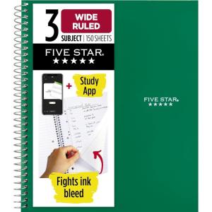 imageFive Star Spiral Notebook  Study App 3 Subject Wide Ruled Paper 8quot x 1012quot 150 Sheets Fights Ink Bleed Water Resistant Cover Tidewater Blue 73184Green